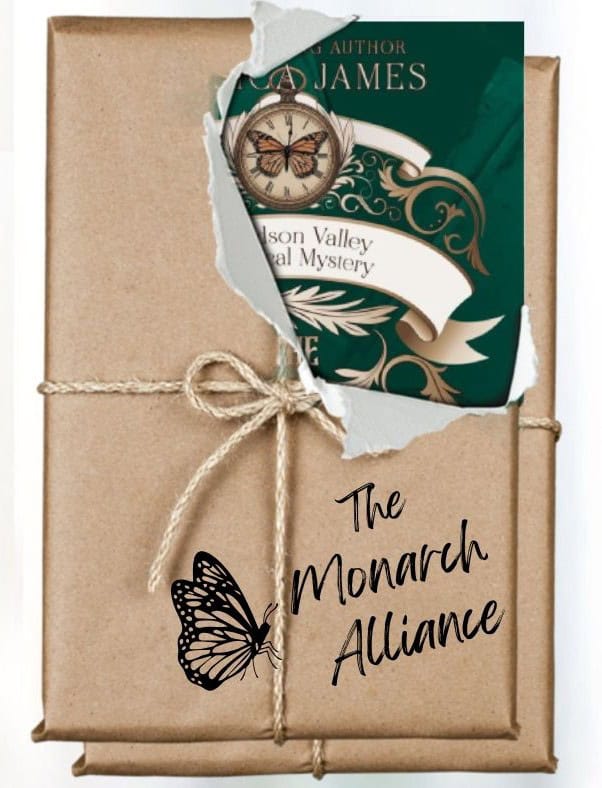 A package partly opened, showing part of the cover for The Monarch Alliance by author Jessica James